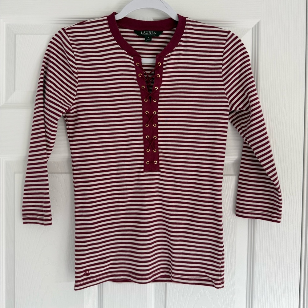 Lauren Ralph Lauren Maroon & White Striped Lace-Up Knit Top